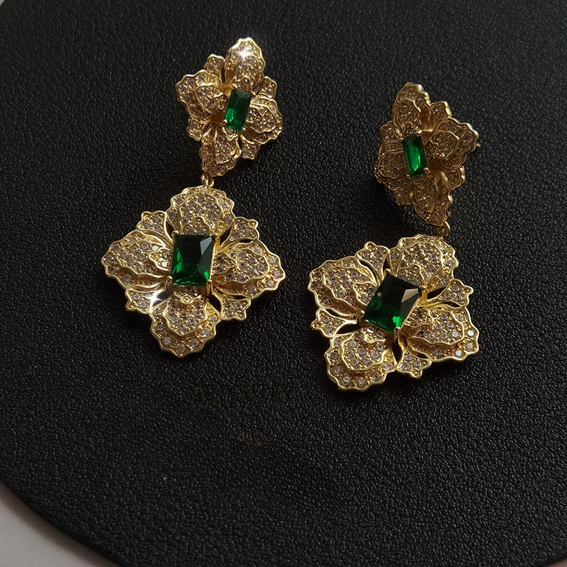 Baroque Green Diamond Flower Earrings