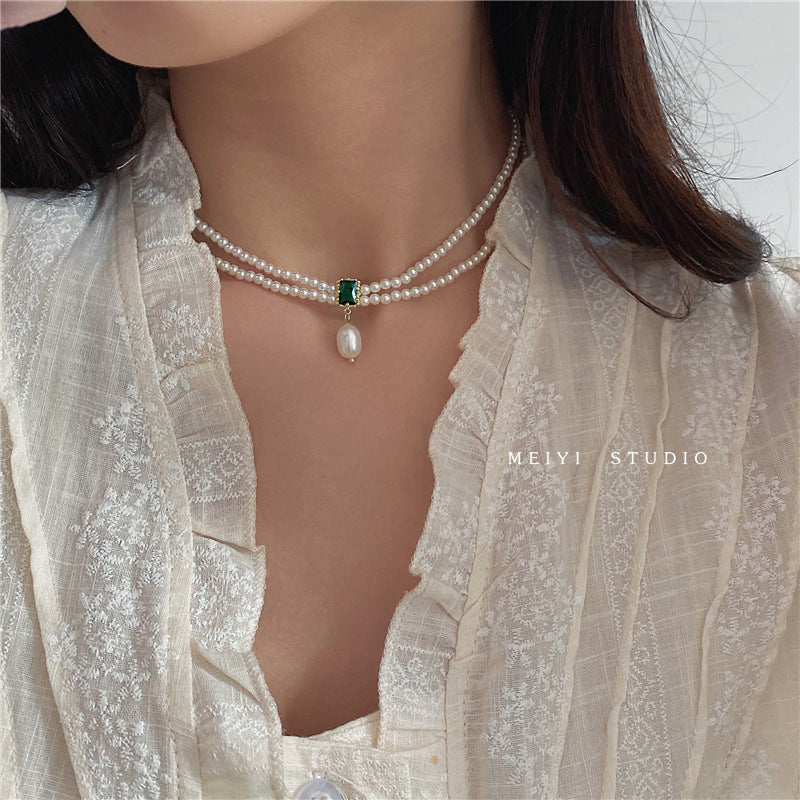 Fresh Emerald Double Layer Design Pearl Necklace